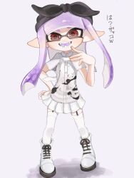 Rule 34 | 1girl, black bow, black hairband, boots, bow, bow hairband, commentary request, cross-laced footwear, full body, garter belt, hair bow, hairband, hand on own hip, highres, inkling, inkling girl, inkling player character, lemo (lemo 4), long hair, looking at viewer, nintendo, open mouth, pleated skirt, pointy ears, purple hair, red eyes, simple background, skirt, smile, solo, splatoon (series), standing, teeth, tentacle hair, thighhighs, translation request, white background, white footwear, white skirt, white thighhighs