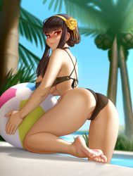 Rule 34 | 1girl, absurdres, ass, ball, bare legs, barefoot, beachball, bikini, black bikini, black hair, blush, braid, closed mouth, coconut tree, day, flower, from behind, hair flower, hair ornament, hairband, highres, holding, holding ball, holding beachball, kairunoburogu, long hair, looking back, outdoors, palm tree, partially visible vulva, red eyes, rose, sidelocks, smile, solo, spy x family, swimsuit, tree, yellow flower, yellow hairband, yellow rose, yor briar