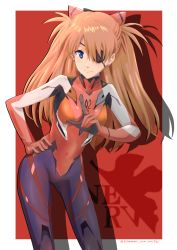 Rule 34 | 1girl, blue eyes, bodysuit, breasts, brown hair, evangelion: 3.0 you can (not) redo, eyelashes, eyepatch, hair between eyes, hairpods, hand on own hip, highres, logo, long hair, looking at viewer, medium breasts, neon genesis evangelion, nerv, plugsuit, rebuild of evangelion, red bodysuit, shiny clothes, skin tight, smile, souryuu asuka langley, standing, takemura-san (zrxv2445), tsundere, two side up, very long hair, white background, wide hips