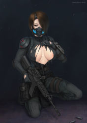 Rule 34 | 1girl, assault rifle, bad id, bad pixiv id, belt, breasts, brown eyes, brown hair, bullet, carbine, christine yamata, cleavage, gas mask, gloves, gun, hair over one eye, kneeling, large breasts, m4 carbine, mask, on one knee, resident evil, resident evil: operation raccoon city, respirator, rifle, shell casing, short hair, shoulder pads, solo, sweat, sweater, torn clothes, vasily (run211), watch, weapon