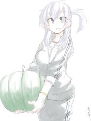 Rule 34 | 1girl, alternate costume, commentary request, cowboy shot, gloves, grey eyes, grey hair, highres, honketsu, jacket, kantai collection, long hair, one side up, pants, pumpkin, simple background, smile, solo, suzutsuki (kancolle), track jacket, track pants, white background, white gloves, white jacket, white pants
