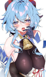 Rule 34 | 1girl, absurdres, ahoge, bare shoulders, bell, black legwear, blue hair, blush, bodystocking, breasts, choker, cleavage, covered erect nipples, detached sleeves, finger to mouth, ganyu (genshin impact), genshin impact, gloves, goat horns, hair ornament, highres, horns, long hair, looking at viewer, niku (hamuchang), pelvic curtain, ponytail, purple eyes, sideboob, solo, sweat, tongue, tongue out