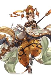 Rule 34 | 10s, 1boy, alpha transparency, apsaras (granblue fantasy), bridal gauntlets, brown eyes, brown hair, detached sleeves, floating, full body, gran (granblue fantasy), granblue fantasy, hat, leotard, looking at viewer, male focus, minaba hideo, official art, puffy pants, see-through, shoes, short hair, solo, staff, transparent background