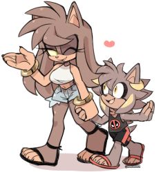 Rule 34 | 1boy, 1girl, age difference, animal ears, animal nose, artist name, bad id, bad twitter id, bangle, blonde hair, body fur, bracelet, breasts, brown fur, brown hair, child, colored sclera, commentary, crop top, dark-skinned female, dark-skinned male, dark skin, eye contact, eyeliner, fang, furry, furry female, furry male, green eyes, green sclera, heart, height difference, highres, jewelry, kaijumilk (milkchaotea), long hair, looking at another, makeup, medium hair, midriff, navel, one eye closed, open mouth, original, sandals, shorts, simple background, skirt, sleeveless, smile, standing, symbol-only commentary, tail, tank top, toes, twitter username, very long hair, watermark, white background, yellow eyes