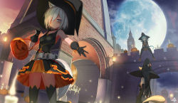 Rule 34 | 3girls, animal ears, black hair, blue hair, ccaw, clock, clock tower, commentary, grey hair, halloween, hat, highres, moon, multiple girls, night, night sky, original, outstretched arm, pumpkin, scenery, sky, tail, thighhighs, tower, witch, witch hat