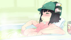 Rule 34 | 1girl, bathing, bathtub, beer can, beer hat, black hair, blush, breasts, can, cleavage, closed eyes, drink can, drinking, hat, highres, kyomachi seika, nude, petenshi (dr. vermilion), short hair, solo, towel, voiceroid
