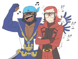 Rule 34 | 2boys, :d, anchor necklace, archie (pokemon), arm up, bandana, batabiru, belt, blue bandana, clenched hand, closed eyes, closed mouth, commentary request, creatures (company), crossed arms, dark-skinned male, dark skin, game freak, glasses, jewelry, long sleeves, male focus, maxie (pokemon), medium hair, multiple boys, musical note, necklace, nintendo, open clothes, open mouth, orange belt, pectoral cleavage, pectorals, pokemon, pokemon oras, red hair, ribbed sweater, sharp teeth, smile, sweater, team aqua, team magma, teeth, tongue, unamused, |d