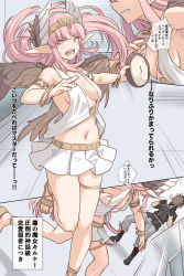 Rule 34 | 1boy, 1girl, bare shoulders, black hair, bracelet, breasts, circe (fate), comic, fate/grand order, fate (series), feathered wings, floating hair, fujimaru ritsuka (male), hands up, head wings, holding, in the face, jewelry, leg up, long hair, looking at viewer, medium breasts, navel, open mouth, pie in face, pink hair, pointy ears, polar chaldea uniform, sandals, shiseki hirame, short hair, sideboob, skirt, small breasts, smile, stomach, throwing, translation request, white skirt, white wings, wings