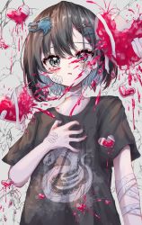 Rule 34 | 1girl, absurdres, bandages, bandaid, black hair, black shirt, blue eyes, broken, commentary request, dragon print, hair ornament, hairclip, hand on own chest, heart, heart container, highres, kayon (touzoku), looking at viewer, medium hair, original, shirt, short sleeves, skull hair ornament, solo, spill, tears, upper body