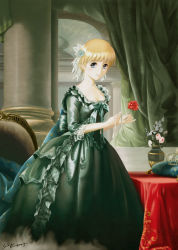Rule 34 | 1girl, baroque (sound horizon), blonde hair, blue eyes, chronicle 2nd, column, curtains, dress, eri (artist), flower, green dress, hair flower, hair ornament, hair ribbon, indoors, lace, lace-trimmed dress, lace trim, looking at viewer, pillar, portrait, red flower, red rose, ribbon, rose, signature, smile, solo, sound horizon, table, vase