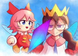 2girls black_hair blue_eyes crown crystal_shard fairy_wings glasses grin hal_laboratory highres kirby_(series) kirby_64 kirbyearthbound looking_at_viewer multiple_girls nintendo pink_hair possessed possession purple_eyes red_ribbon ribbon ribbon_(kirby) ripple_star_queen round_eyewear scene_reference smile wings