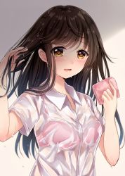 Rule 34 | 1girl, blouse, blush, bra, bra visible through clothes, breasts, brown eyes, brown hair, collared shirt, commentary request, hand in own hair, handkerchief, holding, holding handkerchief, long hair, looking at viewer, open mouth, original, sakura hiyori, school uniform, see-through, shirt, small breasts, solo, underwear, upper body, wet, wet clothes, wet hair, white shirt