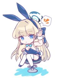 Rule 34 | 1girl, 9696 (96469646kuro), animal ears, blonde hair, blue archive, blue bow, blue eyes, blue footwear, blue hair, blue halo, blue leotard, bow, braid, chair, closed mouth, detached collar, fake animal ears, fake tail, full body, halo, highres, leotard, long hair, looking at viewer, multicolored hair, official alternate costume, rabbit ears, rabbit tail, shoes, simple background, sitting, solo, strapless, strapless leotard, streaked hair, tail, thighhighs, toki (blue archive), toki (bunny) (blue archive), white background, white thighhighs