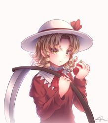 Rule 34 | 1girl, absurdres, apple, blonde hair, blush, bow, bowtie, breasts, closed mouth, dress, drill hair, eating, elly (touhou), evermythic, food, fruit, hands up, hat, hat ribbon, highres, long sleeves, looking at viewer, medium breasts, puffy sleeves, red bow, red bowtie, red dress, red ribbon, red sleeves, ribbon, short hair, signature, simple background, solo, touhou, touhou (pc-98), upper body, white background, white hat, yellow eyes