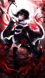Rule 34 | 1girl, absurdres, alternate costume, arrow (projectile), arrow in body, asymmetrical wings, bad id, bad pixiv id, bare shoulders, black bow, black bowtie, black hair, black kimono, black thighhighs, blood, bow, bowtie, bug, butterfly, dated, full body, hair between eyes, highres, houjuu nue, insect, japanese clothes, kimono, long sleeves, looking at viewer, obi, off shoulder, parted lips, red eyes, sash, sheya, solo, thighhighs, thighs, touhou, upper body, white sash, wide sleeves, wings