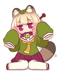 Rule 34 | 1girl, animal ear fluff, animal ears, bell, blonde hair, blush, brown collar, collar, commentary request, full body, green shirt, hair bun, hair ornament, hands up, highres, jingle bell, jitome, kemomimi-chan (naga u), kemonomimi mode, leaf, leaf on head, long sleeves, looking at viewer, motion lines, naga u, neck bell, necktie, orange necktie, original, pleated skirt, puffy long sleeves, puffy sleeves, purple eyes, purple skirt, raccoon ears, raccoon girl, raccoon tail, red footwear, ribbon-trimmed thighhighs, ribbon trim, sailor collar, sandals, shadow, shirt, simple background, sitting, skirt, sleeves past fingers, sleeves past wrists, solo, striped tail, tail, thighhighs, wariza, white background, white sailor collar, white thighhighs, zouri