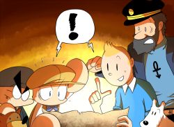 Rule 34 | !, 4boys, beard, blonde hair, blue eyes, bow, bowtie, brown hair, captain archibald haddock, captain haddock, cowboy western, crossover, dog, facial hair, flying sweatdrops, glasses, hat, jikkyou powerful pro yakyuu, male focus, map, multiple boys, open mouth, pointing, pointing up, power poke-kun (7), power pro kun pocket, power pro kun pocket 7, quiff, rariatto (ganguri), spoken exclamation mark, surprised, tintin, tintin (character), yuda kouichi