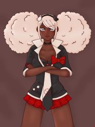 Rule 34 | 1girl, afro, afro puffs, bear hair ornament, black choker, black necktie, black shirt, blonde hair, blush, bra, breasts, brown background, choker, cleavage, collarbone, collared shirt, cosplay, crossed arms, danganronpa (series), danganronpa another episode: ultra despair girls, dark-skinned female, dark skin, ears, enoshima junko, enoshima junko (cosplay), eyebrows, fingernails, hair ornament, long hair, looking at viewer, multicolored necktie, nail polish, necktie, nose, paintedskittles, pleated skirt, red lips, red nails, red skirt, rolled up paper, second generation enoshima junko, shirt, short sleeves, simple background, skirt, standing, thighs, underwear, white necktie