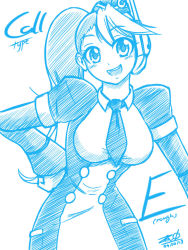 Rule 34 | 1girl, breasts, call (mighty no. 9), call e, dress, garrison cap, hand on own hip, hat, headset, long hair, mighty no. 9, monochrome, multicolored hair, necktie, puffy sleeves, robot, short dress, side ponytail, signature, sketch, solo, two-tone hair, uniform, zilhouette