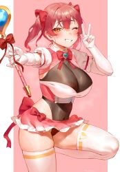 Rule 34 | 1girl, absurdres, areola slip, blush, breasts, cleavage, cleft of venus, elbow gloves, frikulu, gloves, grin, highres, holding, holding wand, hololive, houshou marine, leg up, leotard, long hair, looking at viewer, navel, one eye closed, red eyes, red hair, see-through, smile, solo, sweatdrop, thighhighs, twintails, v, virtual youtuber, wand, white gloves, white thighhighs