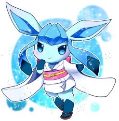 Rule 34 | blue eyes, blue hair, blush, closed mouth, creatures (company), flip-flops, furry, game freak, gen 4 pokemon, glaceon, japanese clothes, kemoribon, long hair, nintendo, pokemon, pokemon (creature), sandals, sidelocks, smile, solo, standing