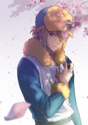 Rule 34 | 1boy, belt, blonde hair, blue hat, blue jumpsuit, blurry, closed mouth, clutching chest, commentary request, creatures (company), falling petals, fur trim, game freak, ginkgo guild uniform, grey eyes, hair over one eye, hand up, hat, highres, jumpsuit, long sleeves, male focus, nintendo, petals, pokemon, pokemon legends: arceus, punico (punico poke), short hair, solo, twitter username, volo (pokemon), watermark, yellow hat