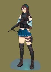 Rule 34 | 1girl, assault rifle, black hair, black thighhighs, blue skirt, boots, closed mouth, full body, glasses, gloves, green background, gun, hairband, highres, hip vent, holding, holding gun, holding weapon, howa type 89, kantai collection, knee pads, long hair, long sleeves, ooyodo (kancolle), panties, rifle, sailor collar, school uniform, serafuku, side-tie panties, simple background, skirt, solo, standing, thigh strap, thighhighs, underwear, vest, weapon, yuuji (and)