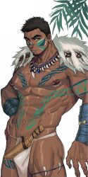 Rule 34 | 1boy, abs, absurdres, bara, bare pectorals, blue eyes, brown hair, bulge, bulge press, chest tattoo, dagger, dark-skinned male, dark skin, earlobe stretcher, facepaint, facial hair, facial mark, feet out of frame, frown, fur (clothing), fur collar, goatee, highres, jewelry, knife, large pectorals, looking at viewer, male focus, mature male, muscular, muscular male, navel, necklace, nipple piercing, nipples, original, pectorals, piercing, plug (piercing), reki uraaka, sheath, short hair, sideburns, solo, stomach, tattoo, thick eyebrows, thick lips, thick thighs, thighs, tooth necklace, tribal, veins, veiny crotch, veiny hands, veiny neck, weapon, white loincloth