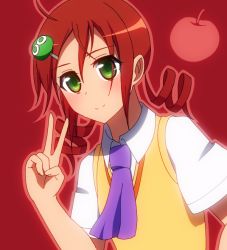 Rule 34 | 1girl, ahoge, andou ringo, anime coloring, apple, bad id, bad pixiv id, character hair ornament, dress, drill hair, food, fruit, green eyes, hair ornament, hairclip, mikomiko (mikomikosu), name connection, neckerchief, object namesake, puyo (puyopuyo), puyopuyo, puyopuyo 7, red background, school uniform, shirt, short sleeves, simple background, smile, solo, sweater vest, twin drills, twintails, upper body, v, white shirt