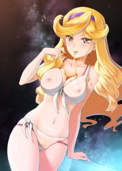 Rule 34 | 10s, 1girl, arm support, bad id, bad pixiv id, bare shoulders, bikini, blonde hair, blush, breasts, cleavage, collarbone, curly hair, food, front-tie top, groin, hairband, hip focus, honey, honey (space dandy), leaning, long hair, long image, looking at viewer, lowleg, lowleg bikini, name connection, navel, nipples, object namesake, outdoors, pink bikini, see-through, shiny skin, side-tie bikini bottom, skindentation, sky, solo, space dandy, star (sky), star (symbol), starry sky, swimsuit, swimsuit under swimsuit, tall image, thighs, tongue, tongue out, white bikini, yellow eyes