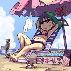 Rule 34 | 1boy, 1girl, arms behind head, bad id, bad pixiv id, barefoot, beach, beach chair, beach umbrella, bikini, blue hair, bow, carrie fernandez, castlevania (series), castlevania: legacy of darkness, child, cloud, crab, day, feet, hat, lowres, navel, outdoors, parted lips, sitting, sky, standing, stupa13a, sunglasses, sweat, swimsuit, towel, translation request, umbrella