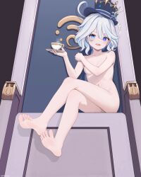 Rule 34 | 1girl, absurdres, ahoge, blue eyes, blue hair, blue hat, breasts, covering breasts, covering privates, crossed legs, cup, drop-shaped pupils, feet, furina (genshin impact), genshin impact, hair between eyes, hat, heterochromia, highres, holding, holding saucer, legs, light blue hair, looking at viewer, medium hair, miaopa2s, mismatched pupils, multicolored hair, navel, nude, open mouth, saucer, sidelocks, sitting, small breasts, smile, solo, steam, stomach, streaked hair, symbol-shaped pupils, teacup, thighs, toes, top hat, two-tone hair