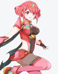 Rule 34 | 1girl, bob cut, breasts, gloves, grin, highres, looking at viewer, nintendo, pantyhose, pyra (xenoblade), red eyes, red hair, smile, solo, super smash bros., thighs, tiara, xenoblade chronicles (series), xenoblade chronicles 2