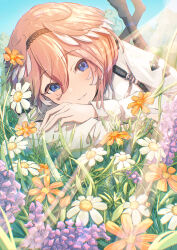 Rule 34 | 1girl, absurdres, black pantyhose, blue eyes, commentary, field, flower, flower field, head wings, highres, hololive, light rays, long sleeves, looking at object, lying, oki no fuji, on stomach, orange flower, orange hair, pantyhose, parted lips, shirt, short hair, smile, solo, symbol-only commentary, takane lui, virtual youtuber, white flower, white shirt, wings