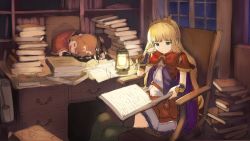 Rule 34 | 2girls, arm support, black gloves, black ribbon, blonde hair, blue eyes, book, book stack, bow, brown hair, cagliostro (granblue fantasy), cape, capelet, clarisse (granblue fantasy), closed eyes, closed mouth, commentary request, desk, elbow gloves, gloves, granblue fantasy, green legwear, hair ribbon, head rest, highres, holding, holding book, indoors, lantern, long hair, multiple girls, night, night sky, open book, open mouth, paper, ponytail, purple cape, quill, reading, red bow, red capelet, red skirt, ribbon, shirt, sitting, sketch, skirt, sky, sleeping, spikes, star (sky), starry sky, thighhighs, tiara, v-shaped eyebrows, very long hair, wasabi60, white shirt, window