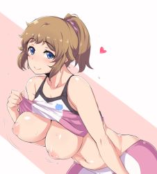 Rule 34 | 10s, 1girl, bike shorts, blue eyes, breasts, brown hair, clothes lift, collarbone, cowboy shot, gundam, gundam build fighters, gundam build fighters try, heart, highres, hoshino fumina, inverted nipples, large breasts, looking at viewer, moisture (chichi), navel, nipples, ponytail, shirt lift, short hair, smile, solo, sports bra, sports bra lift, sweat, two-tone sports bra