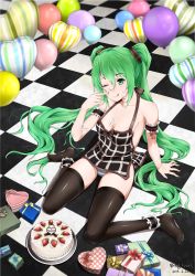 Rule 34 | 10s, 1girl, 2013, :q, ;q, absurdres, arm garter, arm support, artist name, balloon, bing gang, cake, checkered floor, dated, floor, food, food on face, fruit, gift, green eyes, green hair, happy birthday, hatsune miku, highres, long hair, matching hair/eyes, one eye closed, panties, sitting, solo, strawberry, striped clothes, striped panties, thighhighs, tongue, tongue out, twintails, underwear, very long hair, vocaloid, wariza, wink