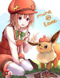 Rule 34 | 1girl, :d, blush, bow, brown hair, brown hat, cabbie hat, collared shirt, commentary request, creatures (company), drawing, dress shirt, eevee, game freak, gen 1 pokemon, grass, green bow, hair between eyes, hat, highres, index finger raised, long hair, long sleeves, na53, nintendo, on grass, open mouth, overall shorts, overalls, poke ball, poke ball (basic), pokemon, pokemon (creature), purple eyes, red eyes, round teeth, shirt, sitting, sleeves past wrists, smile, strap slip, teeth, thighhighs, upper teeth only, virtual youtuber, white shirt
