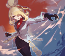 Rule 34 | 1girl, black gloves, black pants, blonde hair, commentary request, creatures (company), cynthia (pokemon), cynthia (sygna suit) (pokemon), game freak, gloves, grey eyes, grey jacket, hair bun, hair ornament, hair over one eye, highres, holding, holding poke ball, jacket, long sleeves, looking to the side, nintendo, official alternate costume, open mouth, outstretched arm, pants, poke ball, poke ball (basic), pokemon, pokemon masters ex, single hair bun, smile, solo, teeth, tongue, tugo