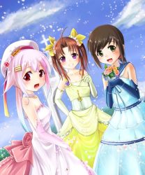 Rule 34 | 10s, 3girls, :d, alternate costume, bare shoulders, beret, blue dress, bouquet, brown hair, cloud, cloudy sky, collarbone, day, dress, elbow gloves, flower, fubuki (kancolle), gloves, gradient hair, green eyes, hair flaps, hair ribbon, harusame (kancolle), hat, kagerou (kancolle), kantai collection, looking at viewer, multicolored hair, multiple girls, open mouth, pink dress, pink hair, purple eyes, red eyes, ribbon, scrunchie, short ponytail, short twintails, side ponytail, sky, smile, twintails, wedding dress, yellow dress, yoshizawa hikoto