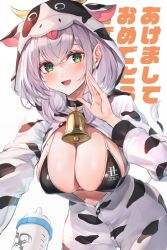 Rule 34 | 1girl, animal ears, animal print, bell, bikini, bikini top only, black bikini, black choker, breasts, choker, commentary request, cow ears, cow hood, cow horns, cow print, cow tail, green eyes, hand up, highres, hololive, hood, hooded jacket, horns, jacket, large breasts, long hair, long sleeves, looking at viewer, mole, mole on breast, neck bell, open mouth, shirogane noel, short hair, simple background, smile, solo, swimsuit, tail, translation request, virtual youtuber, watao, white background, white hair, white jacket