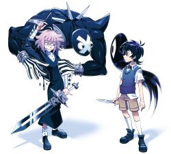 Rule 34 | 1boy, 1other, absurdres, arm up, arms at sides, black eyes, black hair, crona (soul eater), crossover, expressionless, highres, holding, holding knife, holding sword, holding weapon, kneehighs, knife, long sleeves, looking at another, nervous, omori, pink hair, ragnarok (demon sword), remi (mozzaremi), short hair, short sleeves, socks, something (omori), soul eater, sunny (omori), sword, weapon, white background, x x