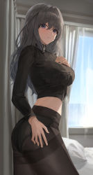 Rule 34 | 1girl, absurdres, ass, black hair, black panties, black pantyhose, black shirt, breasts, cowboy shot, crop top, from side, hand on own chest, high-waist pantyhose, highres, large breasts, long hair, long sleeves, looking at viewer, midriff, no pants, original, panties, panties under pantyhose, pantyhose, parted lips, pray (furei), purple eyes, ribbed shirt, shirt, solo, standing, thighband pantyhose, turtleneck, underwear
