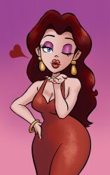 Rule 34 | 1girl, arm on own head, bare arms, bare shoulders, blowing kiss, blue eyes, breasts, brown hair, cleavage, donkey kong (1981 game), donkey kong (series), dress, earrings, eyeshadow, gold earrings, heart, highres, jewelry, large breasts, lipstick, long hair, makeup, mario (series), nail polish, nintendo, one eye closed, parted bangs, pauline (mario), peppertroopa, pink eyeshadow, purple background, red dress, red lips, red nails, sleeveless, sleeveless dress, solo