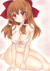Rule 34 | 1girl, absurdres, bare shoulders, barefoot, blush, bottomless, bra, breasts, brown hair, convenient censoring, convenient leg, covered erect nipples, hair tubes, hakurei reimu, highres, large breasts, long hair, looking at viewer, navel, off shoulder, parted lips, red eyes, solo, strap slip, touhou, traditional media, underwear, waitan1729, white bra