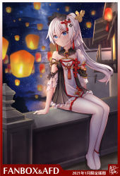 Rule 34 | 1girl, absurdres, architecture, blue eyes, border, bridge, building, china dress, chinese clothes, closed mouth, dress, east asian architecture, full body, hair ornament, highres, honkai (series), honkai impact 3rd, lantern, long hair, looking at viewer, night, night sky, ponytail, sitting, sky, smile, solo, star (sky), starry sky, theresa apocalypse, zhuge kongming (honkai impact), thighhighs, white hair, white thighhighs, yiduan zhu, zhuge kongming (honkai impact)