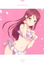 Rule 34 | 1girl, 6u (eternal land), absurdres, bikini, blush, breasts, character name, grin, halterneck, highres, long hair, looking at viewer, love live!, love live! school idol festival, love live! sunshine!!, pink background, pink theme, red hair, sakurauchi riko, simple background, small breasts, smile, solo, splashing, swimsuit, tattoo, yellow eyes