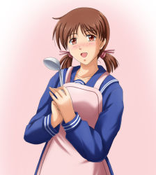Rule 34 | 1girl, :d, adachi taeko, apron, blue shirt, blush, brown eyes, brown hair, freckles, holding, holding ladle, ladle, long sleeves, looking at viewer, open mouth, pink background, school uniform, sentihistory, sentimental graffiti, serafuku, shirt, short hair, short twintails, smile, solo, twintails