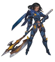 Rule 34 | 1girl, adapted costume, armor, axe, battle axe, black hair, black panties, boots, breastplate, brown eyes, clothing cutout, dark-skinned female, dark skin, eye of horus, facial mark, faulds, full armor, full body, gauntlets, greaves, gwayo, halberd, hand on own hip, navel, navel cutout, overwatch, overwatch 1, panties, pharah (overwatch), polearm, quad braids, solo, thighhighs, thighhighs under boots, transparent background, underwear, weapon, wings