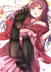 Rule 34 | 10s, 1girl, :o, absurdres, artist name, bare shoulders, black pantyhose, blurry, blush, bow, collarbone, commentary request, feet, gurande (g-size), gusset, hair bow, hakama, hakama skirt, highres, hip vent, japanese clothes, kamikaze (kancolle), kantai collection, kimono, legs up, long hair, long sleeves, lying, meiji schoolgirl uniform, motion blur, no shoes, off shoulder, on back, open mouth, panties, panties under pantyhose, pantyhose, pantyshot, petals, pink bow, pink hakama, raised eyebrows, red eyes, red hair, red kimono, scan, skirt, soles, solo, straight hair, thighband pantyhose, toes, underwear, white background, wide sleeves, yellow bow